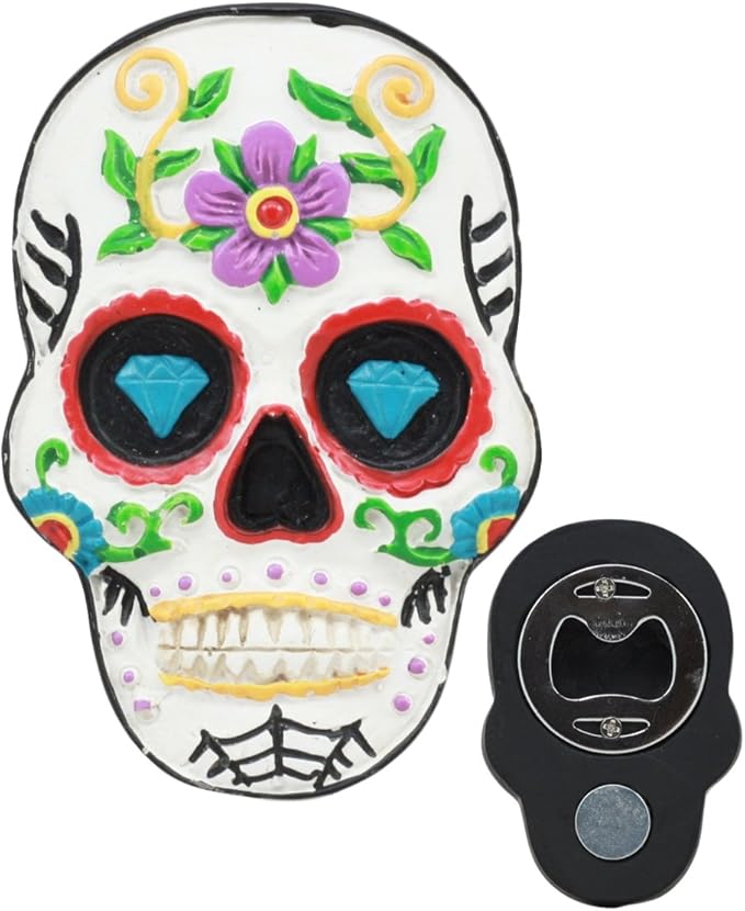 Ebros Tribal White Day of The Dead Sugar Skull Refrigerator Magnet Bottle Opener Decor Figurine