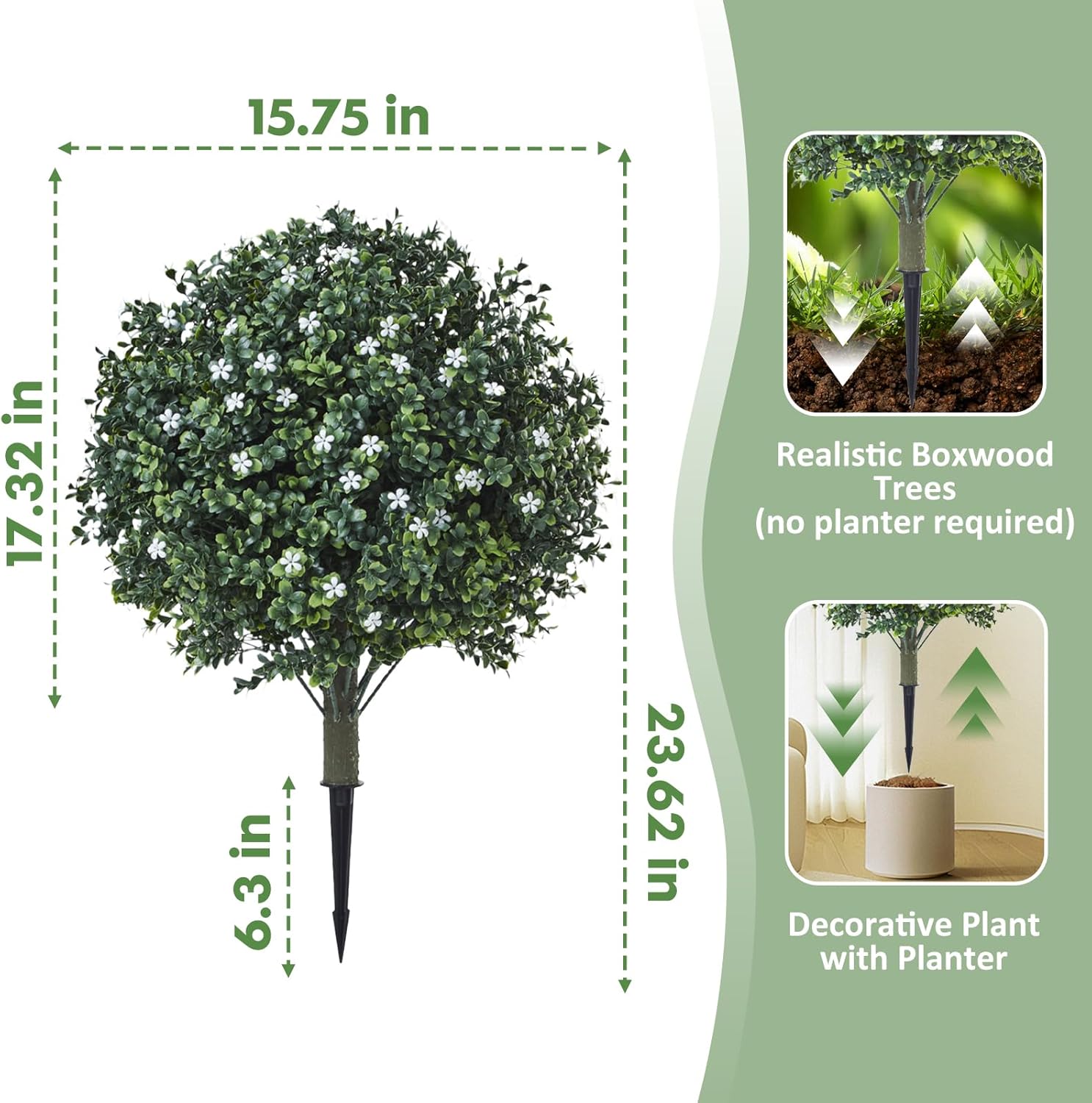 24" Artificial Boxwood Topiary Ball Bush with White Flowers, Set of 2 Artificial Shrub Bushes with Spike, Fake Evergreen Tree for Porch, Artificial Plants for Outdoor Planters Indoor UV Resistant - Image 4