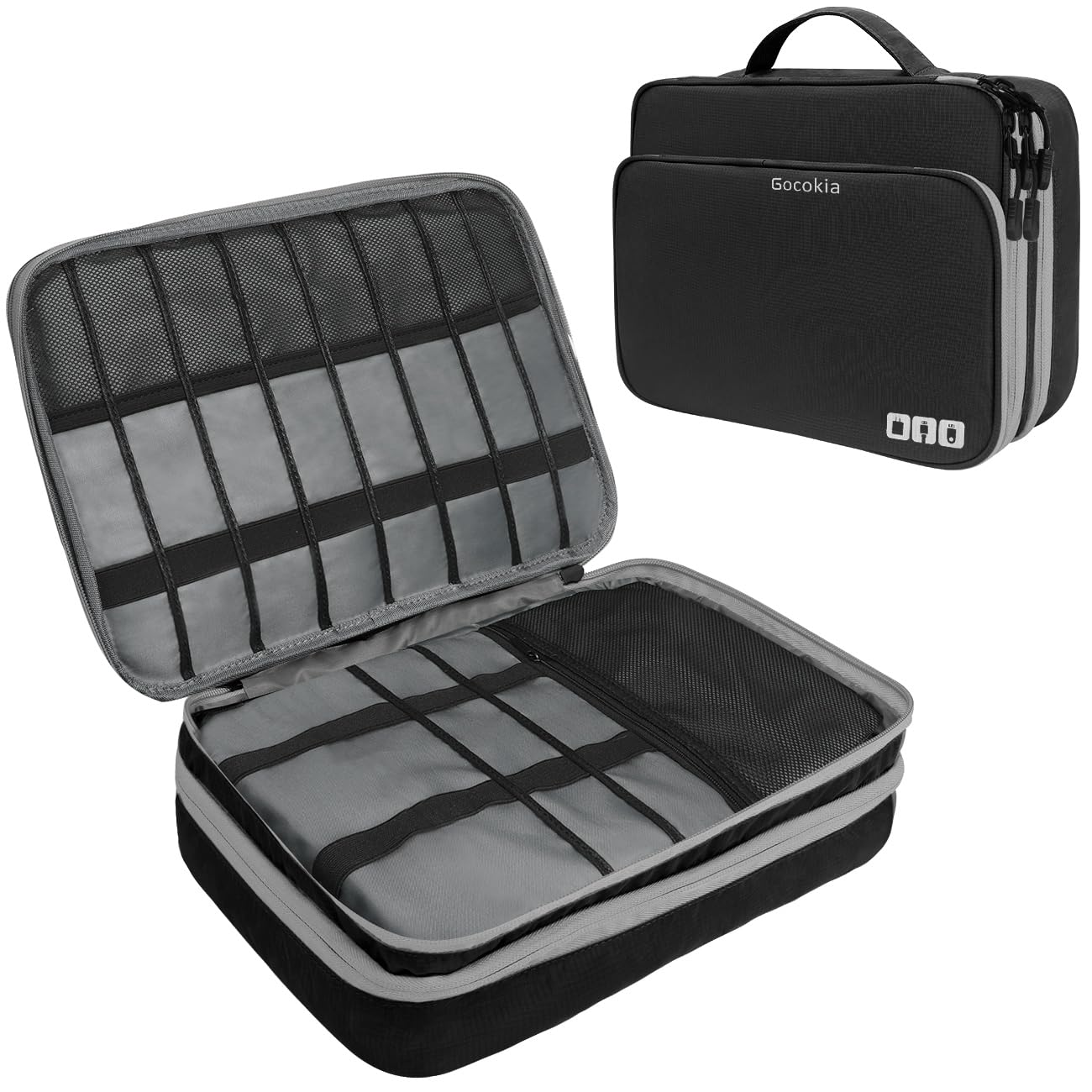 Travel Cable Organizer Bag, 3 Layer X-Large Capacity Electronics Accessories Cord Storage Case Bag for Cables, SD Card,Chargers, Power Bank, Cellphone,Tablet(10.2")-Black