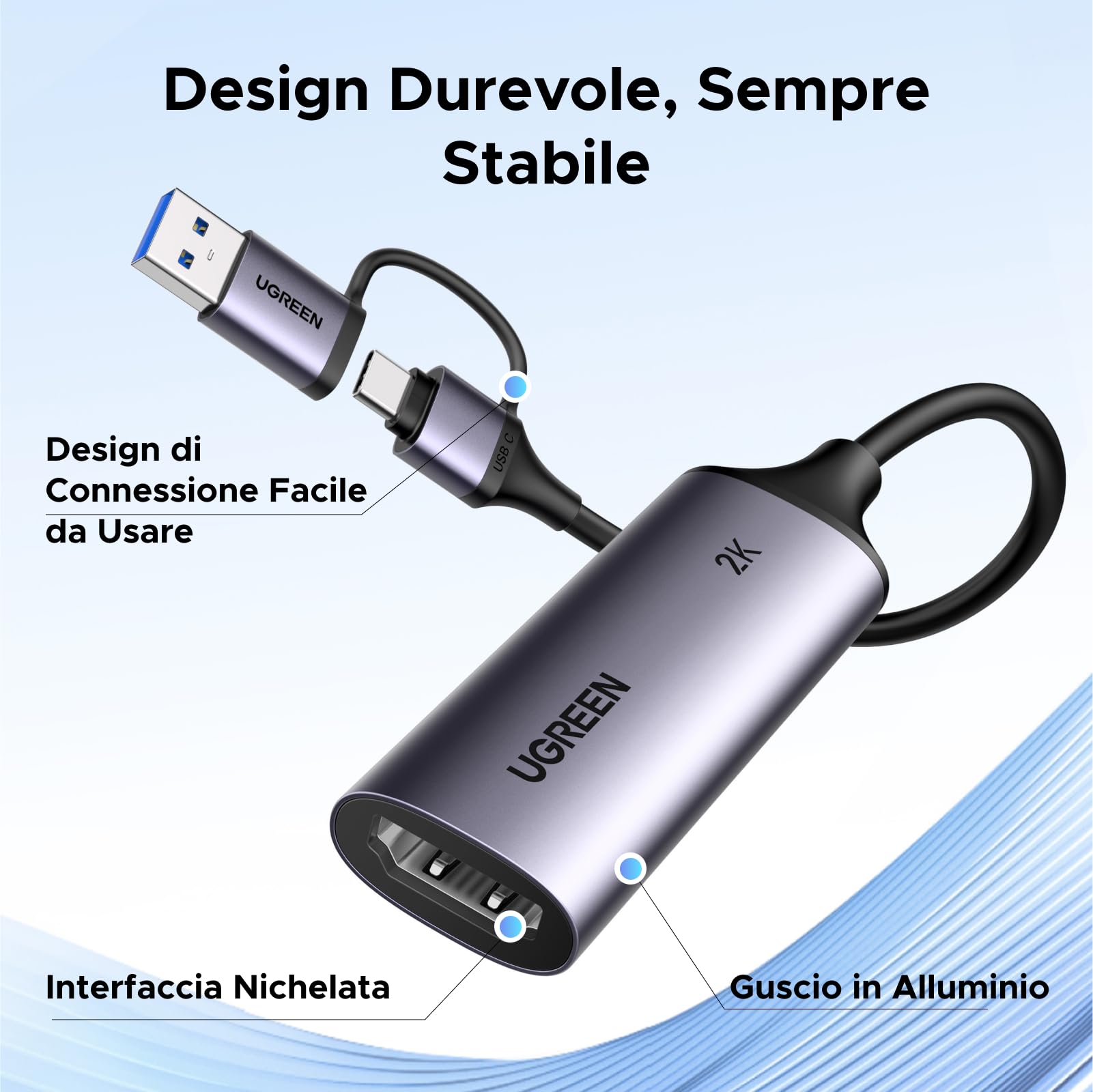 UGREEN Scheda di Acquisizione Video HDMI 4K 30Hz su USB A USB C 3.0 2K 30Hz 1080P per Streaming Registrazione di Giochi Compatibile con Quest 3 Switch 2 PS5 PS4