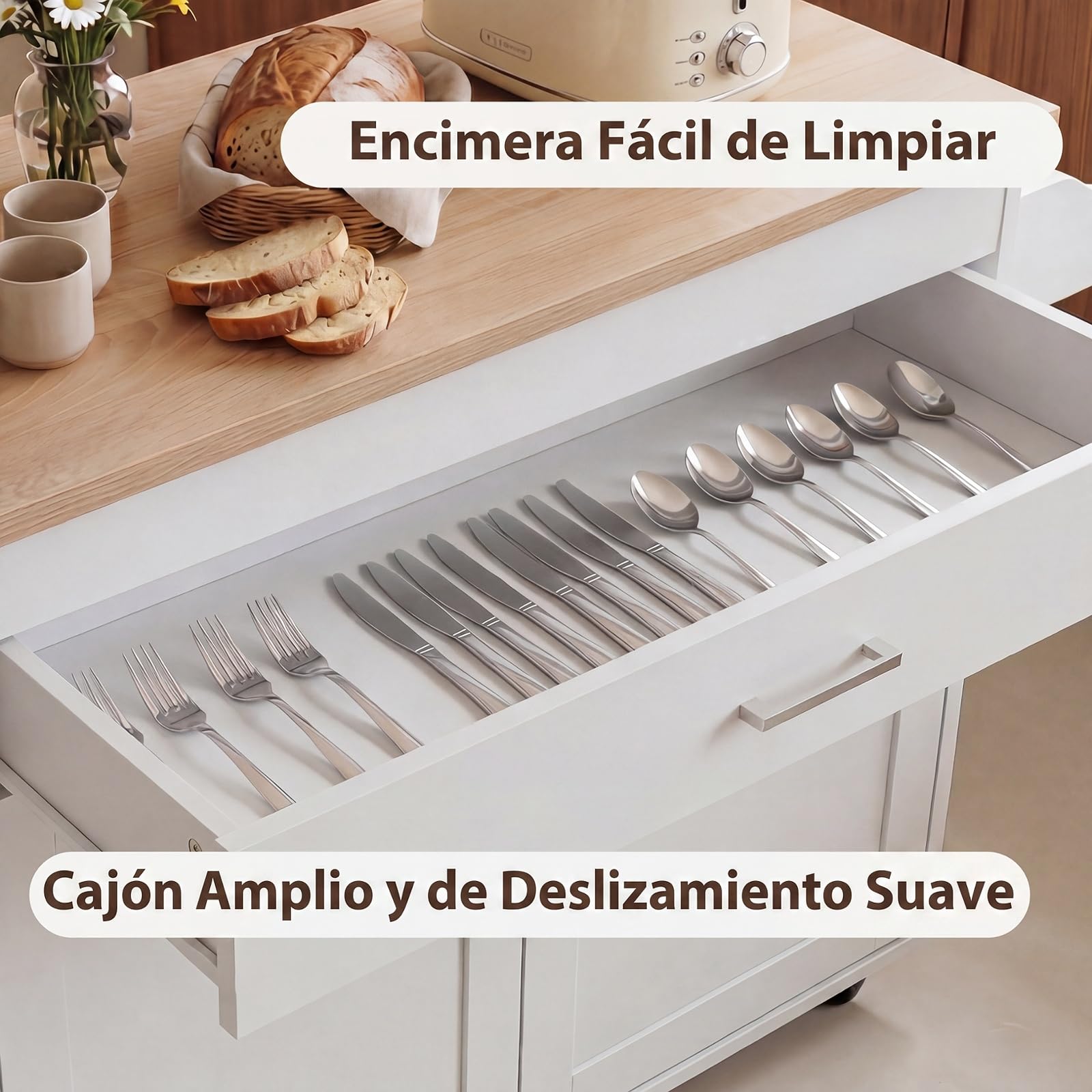 COSTWAY Carro de Servicio Comedor con Ruedas,Toallero,Cajón, Puerta y Estantes Gabinete, Carrito de Cocina con Alargador, Mueble de Cocina,Blanco