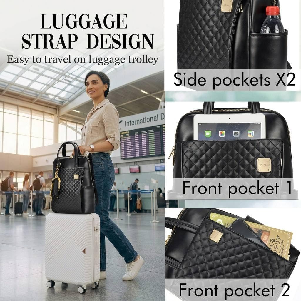 Kamlui Laptop Backpack for Women Slim Travel - Laptop Bag Computer Case Fit up to 15.6-inch Notebook Lightweight Medium Size Purse for Work Bookbag Business Fashion Stylish PU Leather Black image 4
