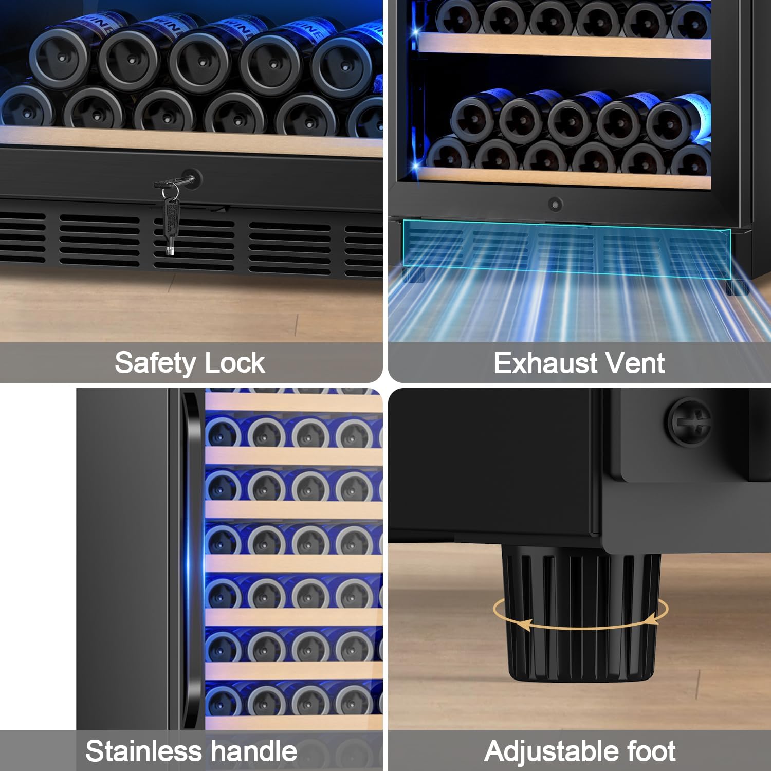 Wine Cooler-Wine Refrigerator 24 Inch Wide Large Freestanding/Built in Wine Fridge for 176 Bottles with Safety Lock Cellar Chiller Low Noise, Fast Cooling, Black - Image 4
