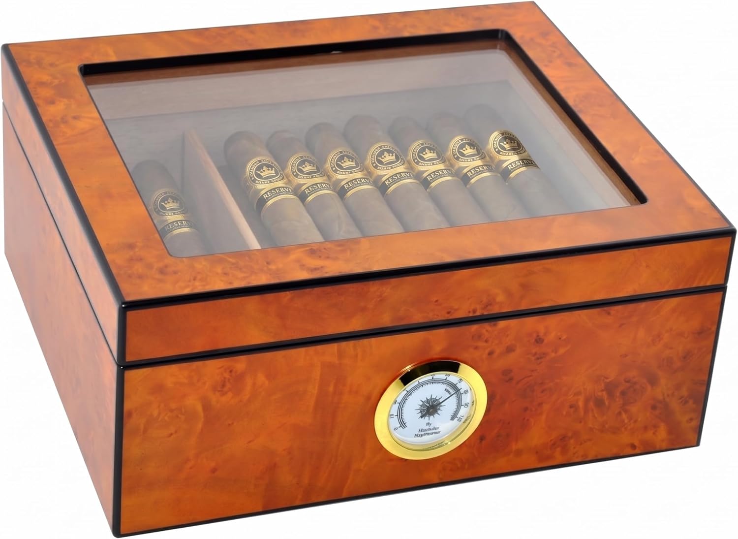 Cigar Humidor Case, Holds 25-50 Cigars, Tempered Glass Top Display, Handcrafted Spanish Cedar Wood Desktop Cigar Box with Divider, Humidifier, Hygrometer, Burlwood Blond,