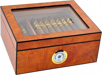 Cigar Humidor Case, Holds 25-50 Cigars, Tempered Glass Top Display, Handcrafted Spanish Cedar Wood Desktop Cigar Box with Divider, Humidifier, Hygrometer, Burlwood Blond,