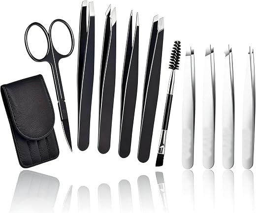 11 piece eyebrow tweezers set, professional stainless steel tool for eyebrow trimming, facial care, and precise removal of...