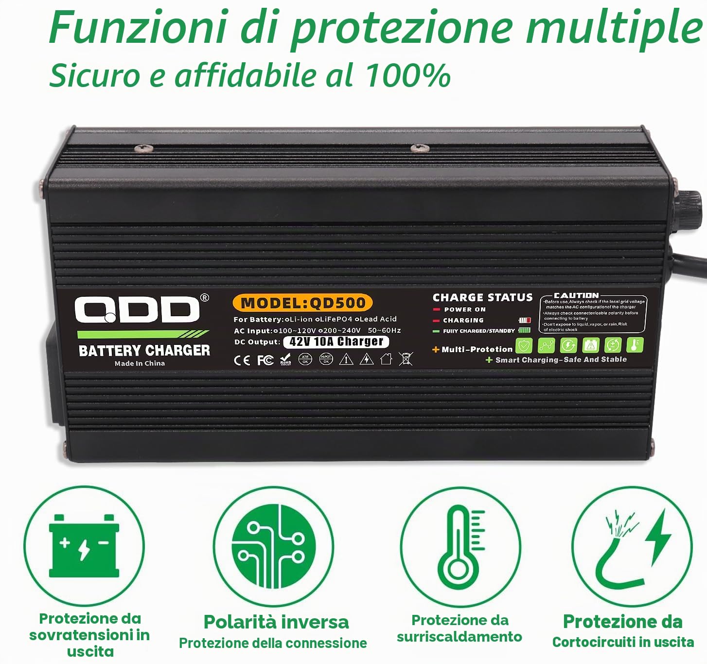 QDD Caricabatterie al litio da 42 V 10 A per 36 V 37 V 10 S agli ioni di litio con spina XT60