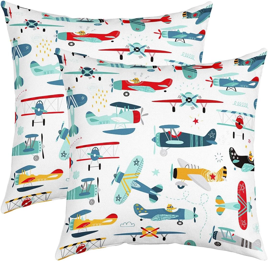 Feelyou Set of 2 Aircraft Throw Pillow Covers, Airplane Print Cushion Case for Home Living Room Decor, Reversible Aircraft Flying Helicopter Flying Plane Decorative Throw Cushion Case, 24x24