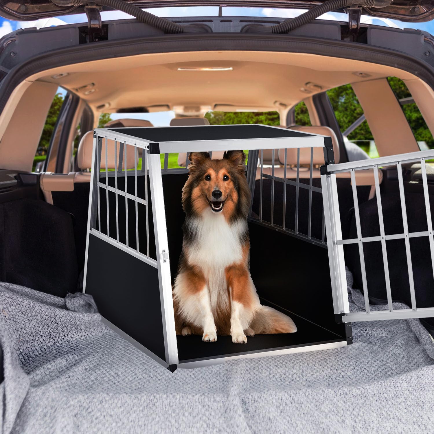 Juskys Box de Transport en Aluminium L-XL 65x91x69 cm – Caisse de Voiture Robuste & Facile à Entretenir pour Chiens avec Porte Grillagée Verrouillable