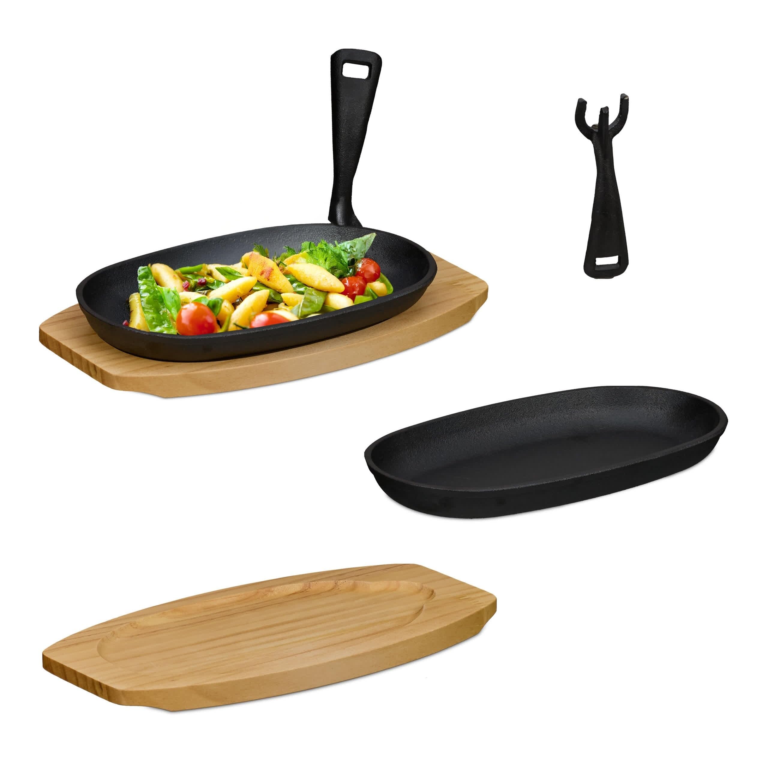 Relaxdays 2 Padelle Ghisa con Sottopentola in Legno, Piastra da Fornello a Gas o Elettrico, Bistecchiera, Nero Naturale