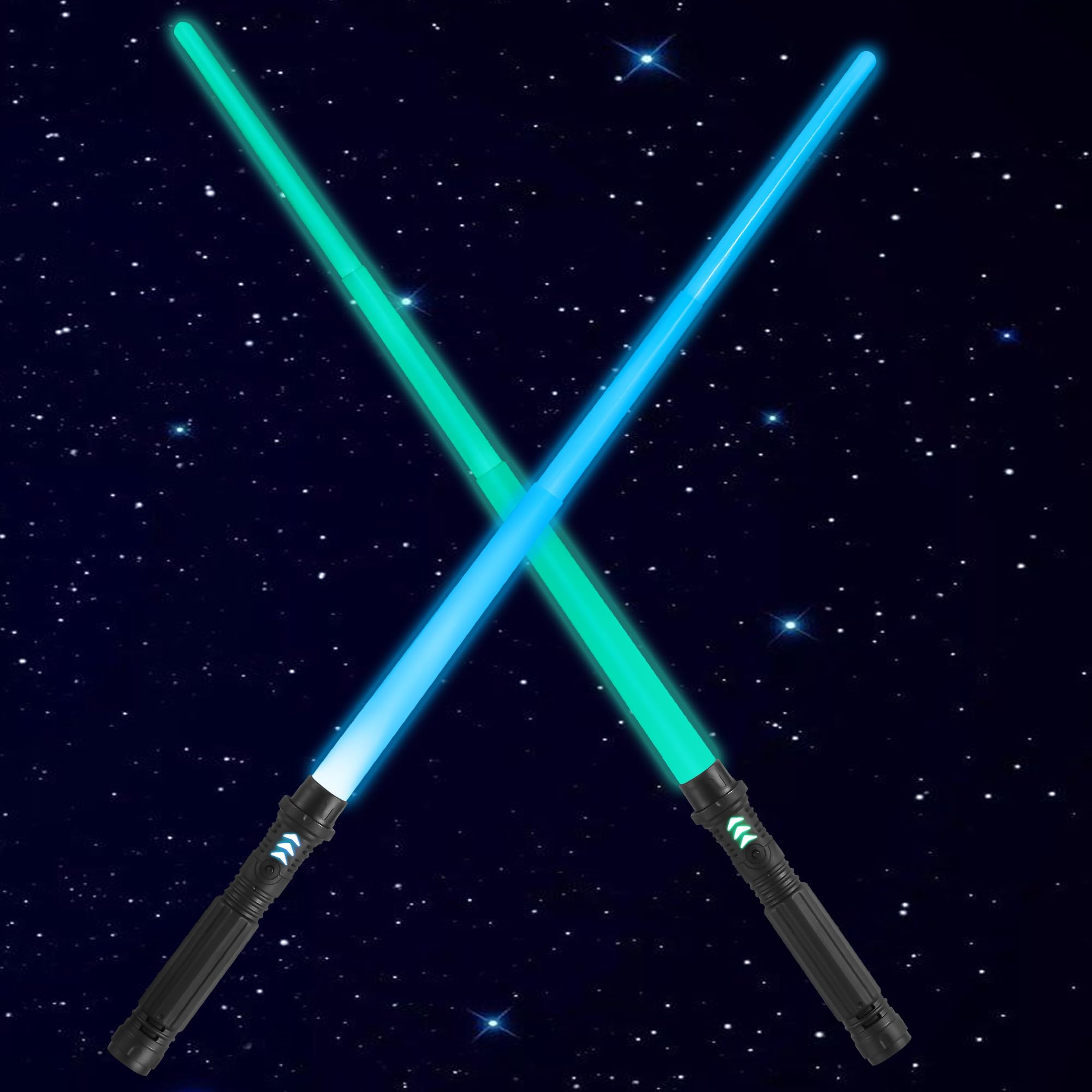 JOYINExtendable 2-in-1 LED Sword Black Handle, 2 Pcs, Light Up Swords with Motion Sensitive Sound, Halloween Costume, New Years Eve Party Supplies, Gifts, Galaxy War Fighters and Warriors