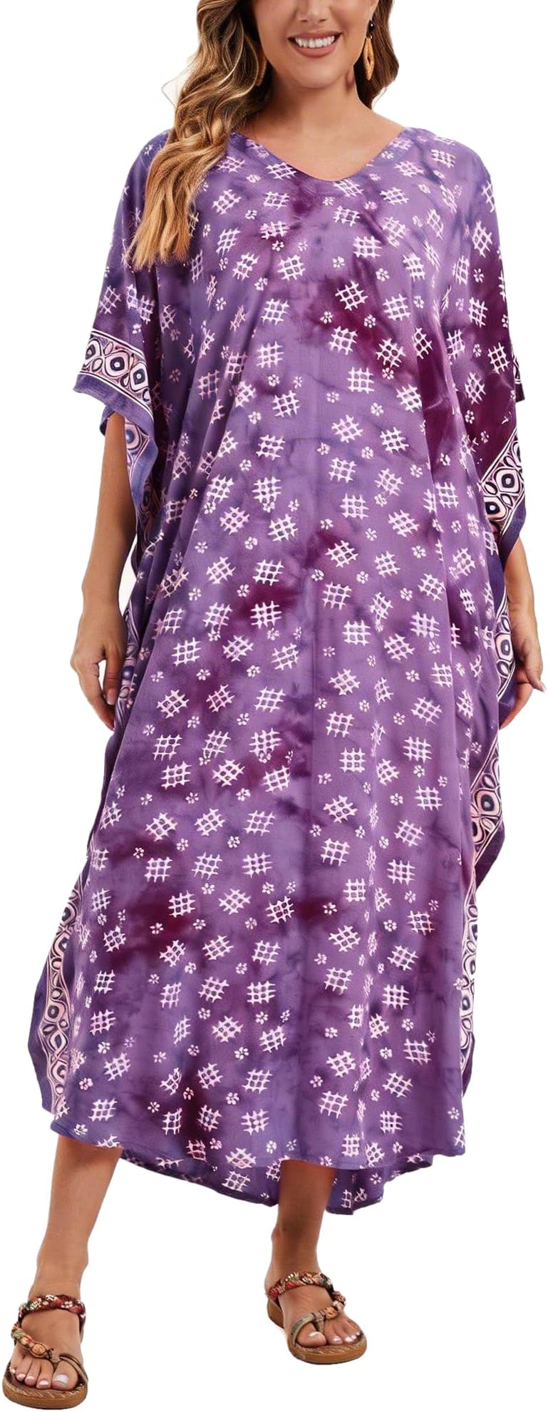 Beautybatik Women Hand Blocked Batik Rayon Caftan Kaftan Loungewear Maxi Plus Size Long Dress XL to 4X