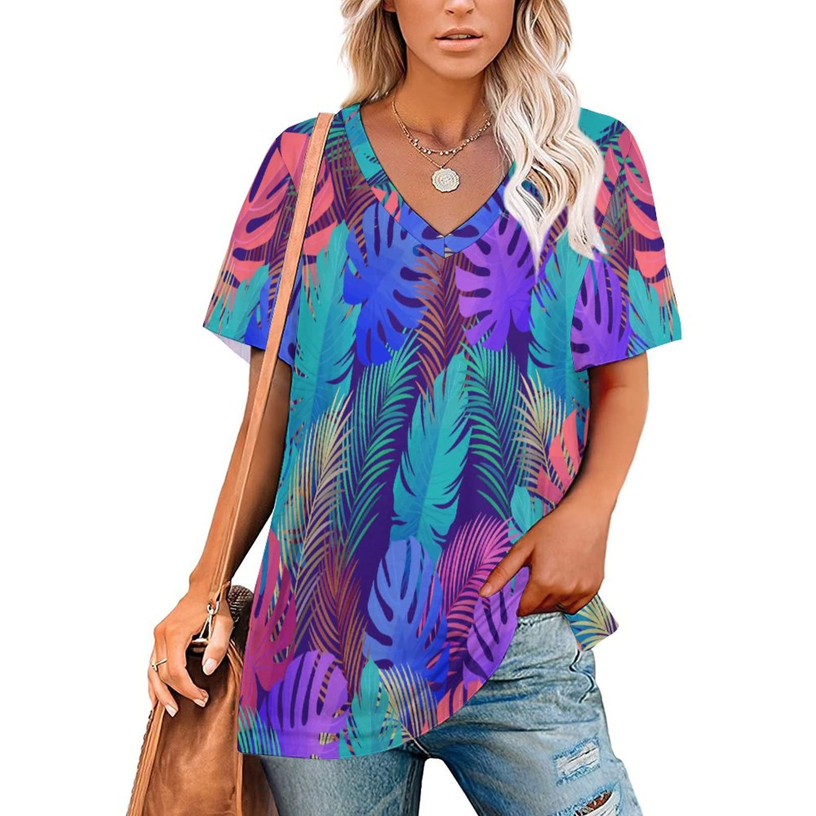 Womens T Shirts Flower Printing V Neck Casual Tees Summer Basic Tops for Short Sleeve Loose Fit T-shirts