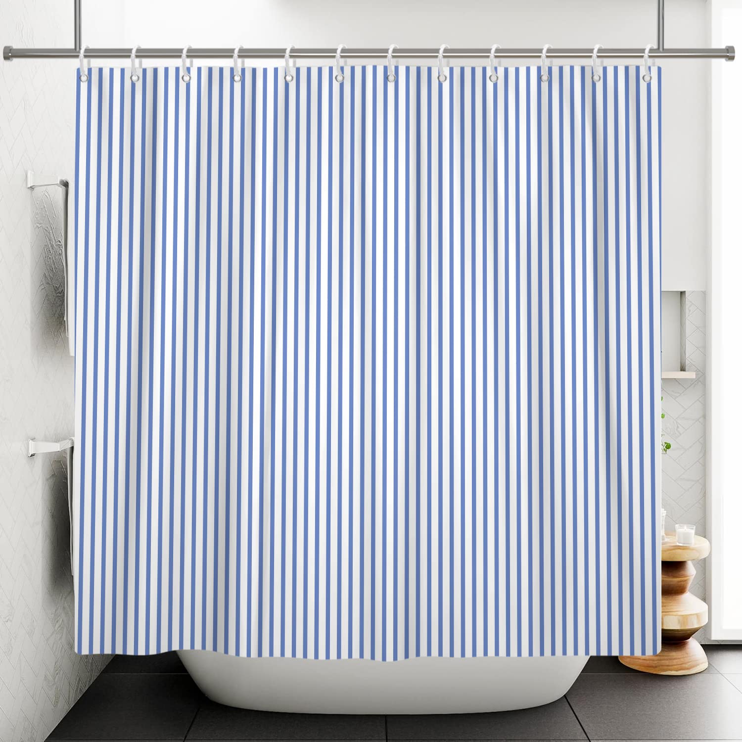 183x198cm Tenda da Doccia per Bagno, Blu Bianco Tende da Doccia a Righe Verticali Tenda Decorativa per Bagno Europeo Tenda da Bagno Impermeabile per la Decorazione della Vasca