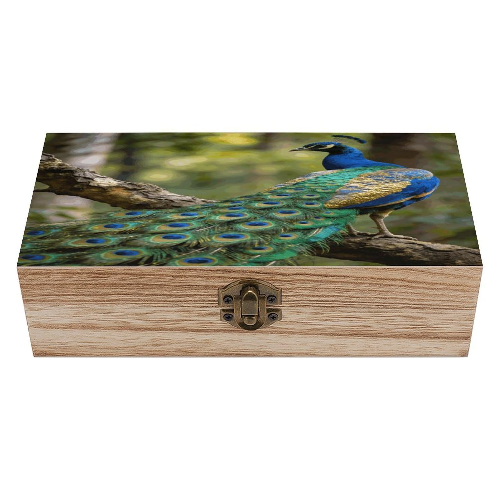 LZQPOEAS Colorful Peacock on A Tree Branch Wooden Keepsake Box Wooden Storage Box Container with Hinged Lid Beautiful Wood Memory Box Decorative Jewelry Case for Crafts Art Hobbies & Trinket Storage