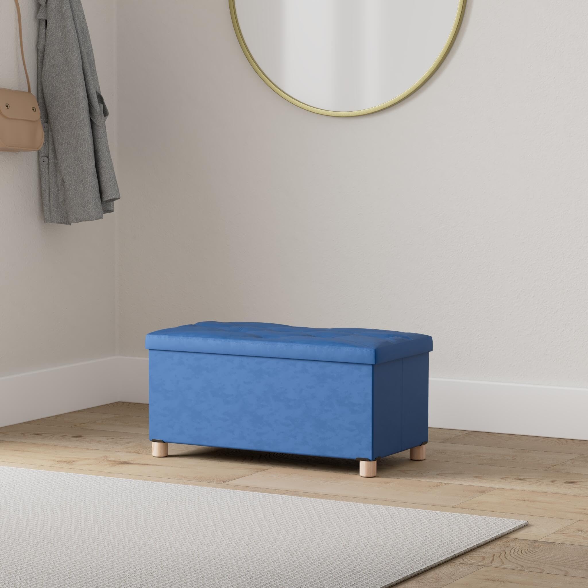 BRIAN & DANY Panca Contenitore Pieghevole, Pouf Contenitore Rettangolare con Gambe, Puff Poggiapiedi in Velluto Cassapanca Camera da Letto, 76 x 38 x 38 cm, Blu