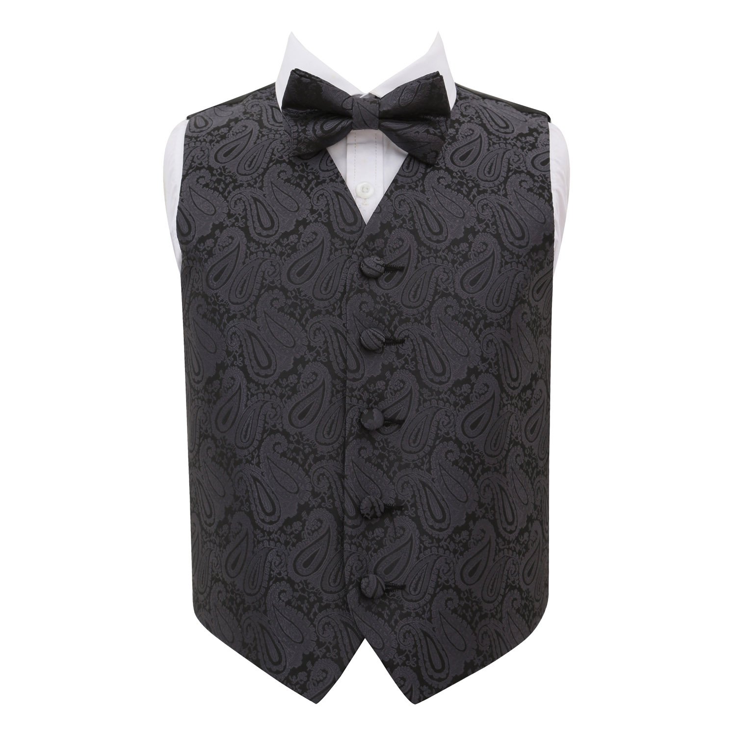 Dqt Boys Charcoal Grey Paisley Floral Wedding Waistcoat Vest & Bow Tie Set – Page Formal Suit – 30" (9–10 Years)