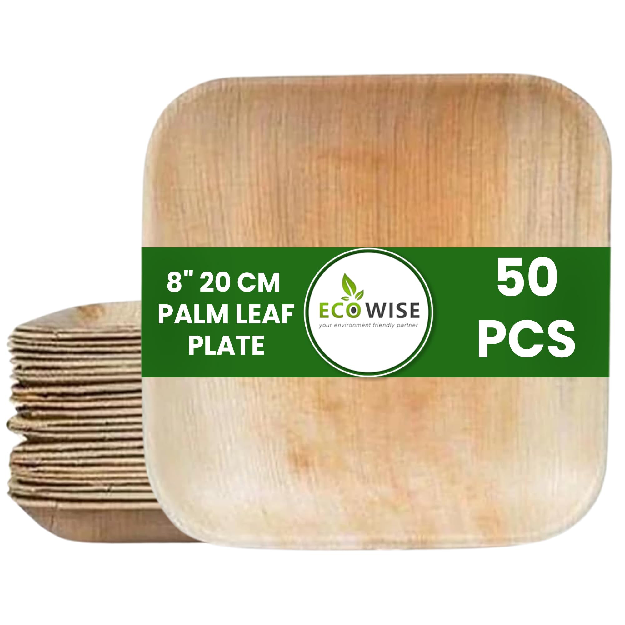 EcoWise 50 Palm Leaf Plates 8 Inch Square Eco-Friendly Biodegradable Compostable Bamboo Plates- Disposable Plates for Parties Picnic Perfect for Hot and Cold Food