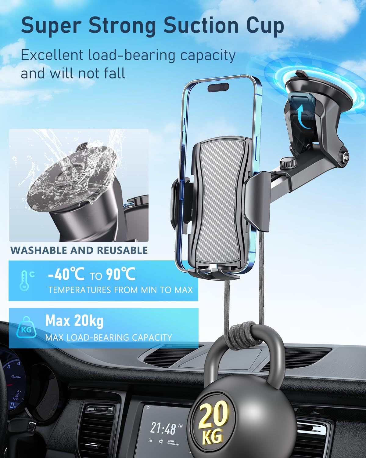 Hoppac Porta Cellulare Auto, Supporto Telefono Auto Universale Ventosa per Cruscotto e Parabrezza, Rotazione 360 Gradi e Rilascio Rapido, per Smartphone 4-7 in