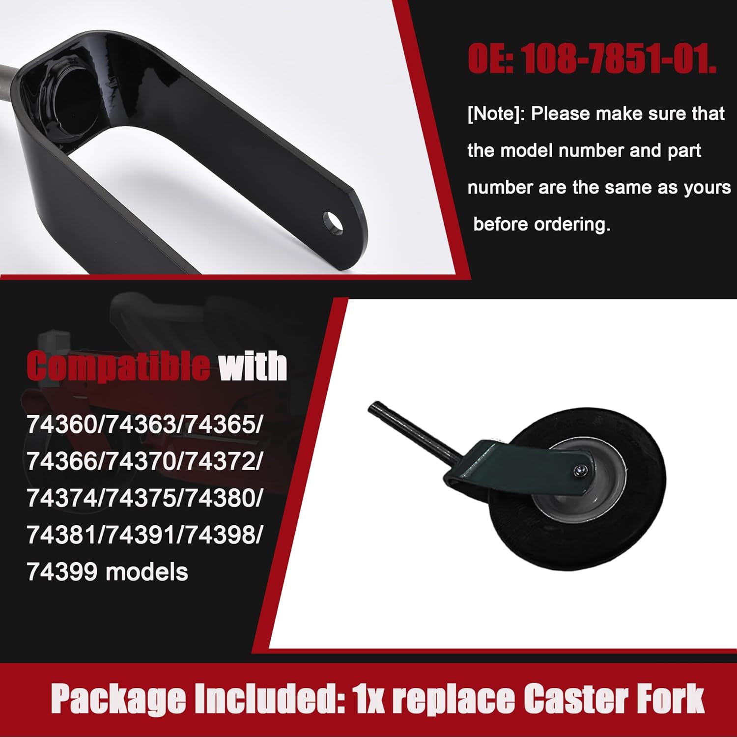 108-7851-01 Black Caster Fork Compatible with Toro TIMECUTTER Lawn Mower Tractor Models Fits 74360 74363 74365 74366 74370 74372 74374 74375 74380 74381