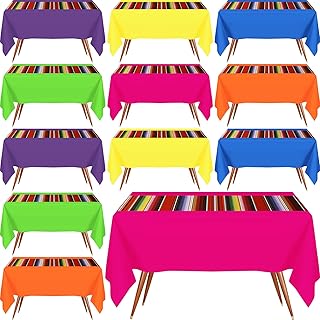 Hosuly Mexican Tablecloth Kids Birthday Party Plastic Tablecloth Set 54 x 108' Fiesta Tablecloth Solid Rectangular Table Cover Plastic Table Clot (Pure with Stripe, 12 Pcs)