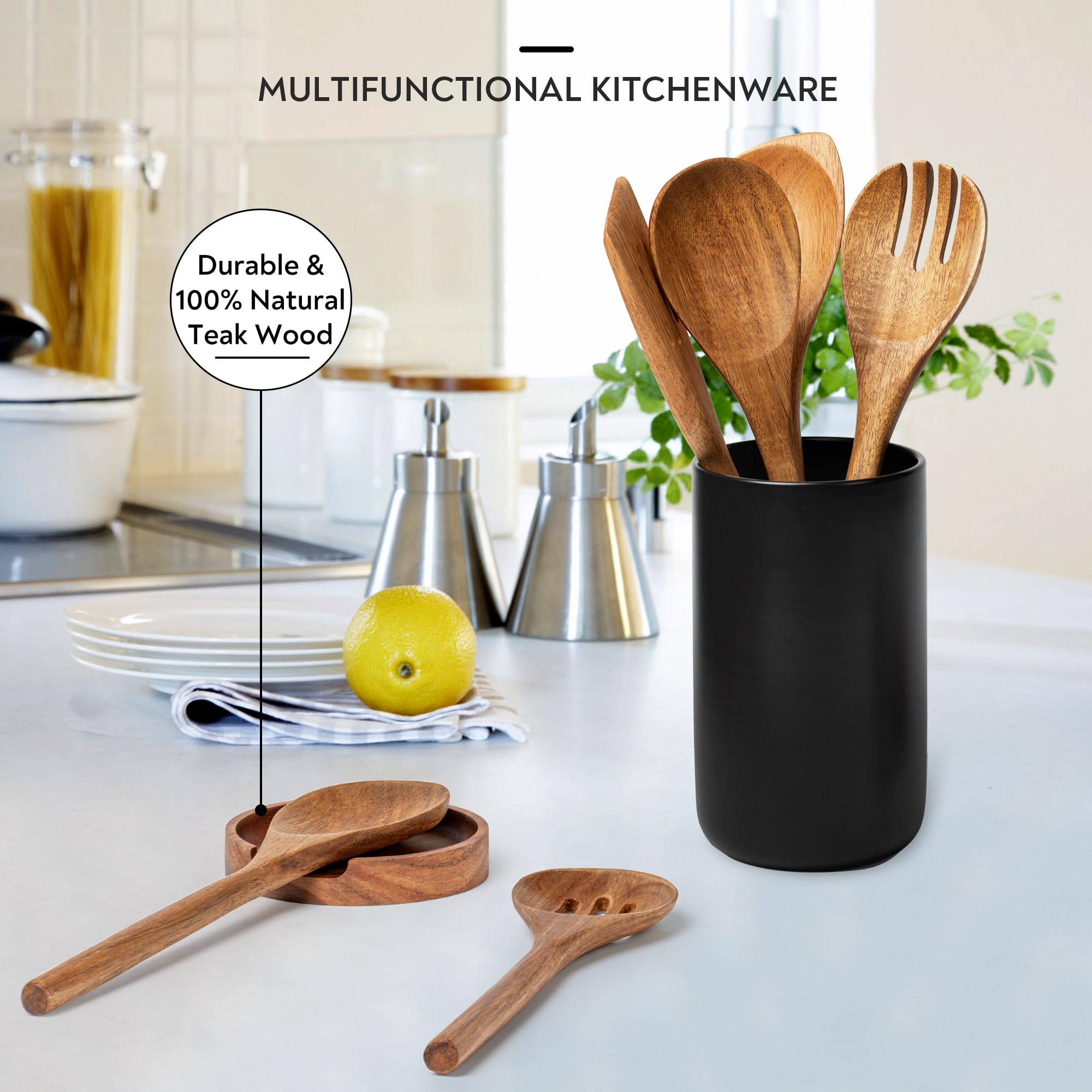Juego de utensilios de cocina, 8 espátulas de madera con soporte de cerámica (soporte negro)