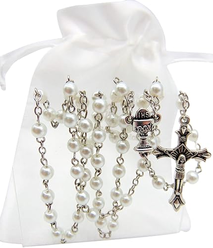 Miniatura 3 de Westmon Works First Communion - Rosario de cristal con centro de mesa de cáliz y crucifijo, juego de lujo para niñas católicas con bolsa de