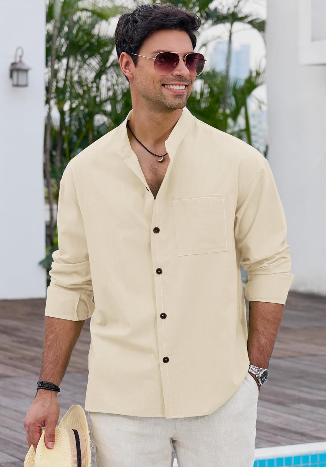 Mens Band Collar Shirts Vacation Casual Long Sleeve Button Down Tops with Pocket (S-2XL) - Image 4