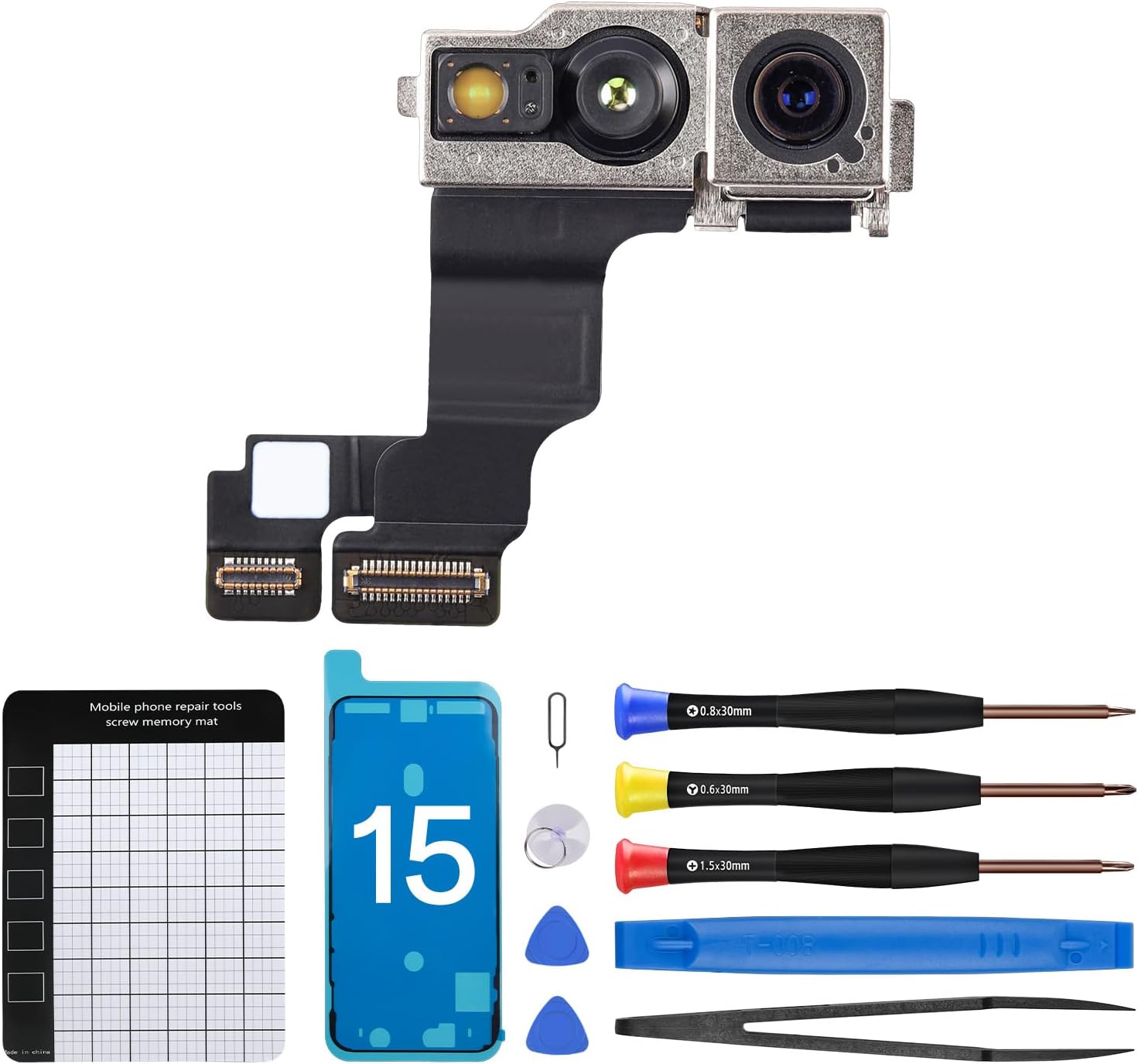 for iPhone 15 Front Camera Replacement Selfie Camera 15 12MP OEM Front Facing Camera Flex Cable Module Proximity Sensor Repair with Fix Tools Kit A3090 A2846 A3089 A3092