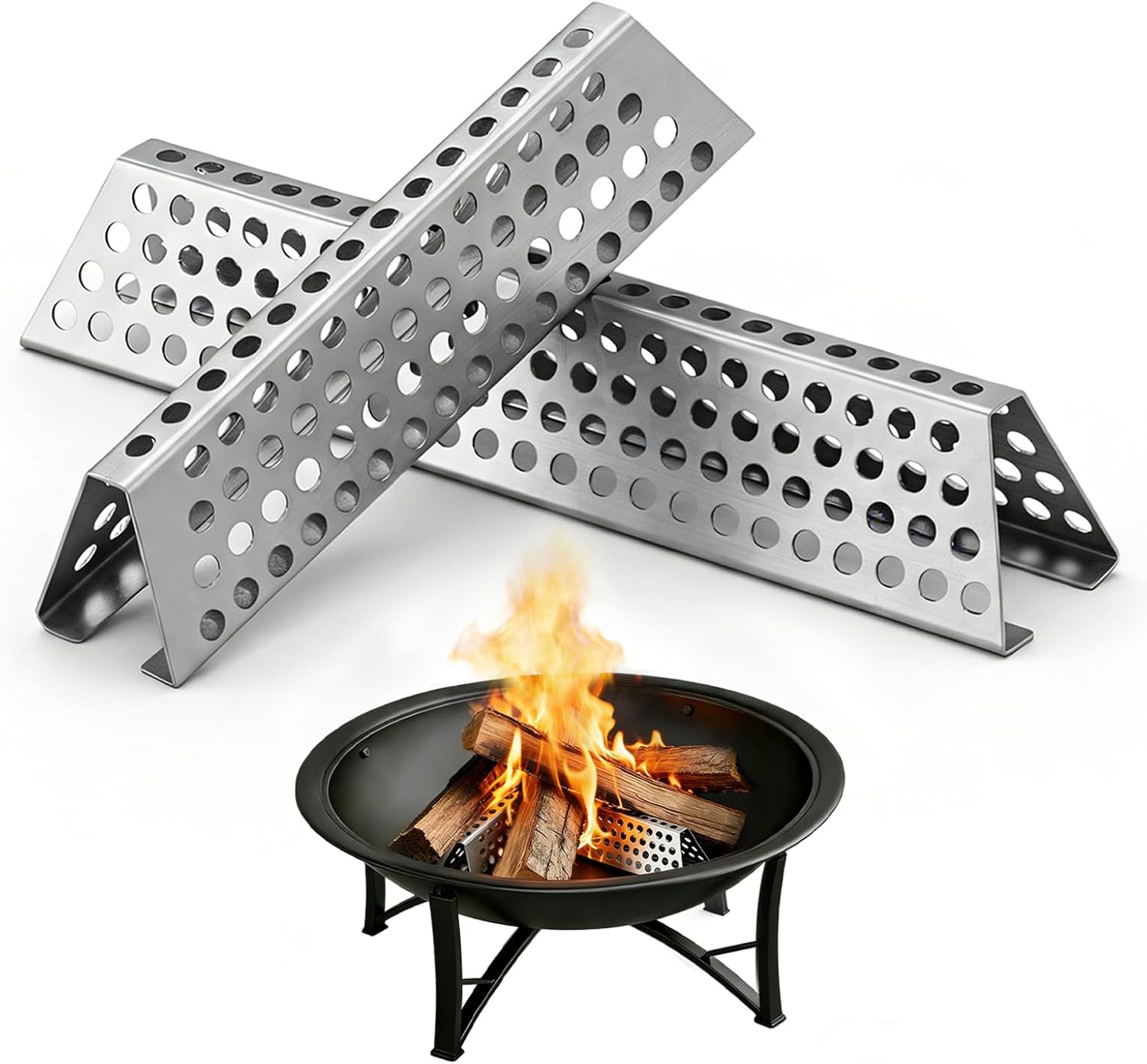 Fire Pit Grate 2-Pack, Stainless Steel Portable Fire Grate for Camping & Backyard, Honeycomb Airflow Design for Less Smoke & Hotter Burn, Nestable Fire Pit Insert
