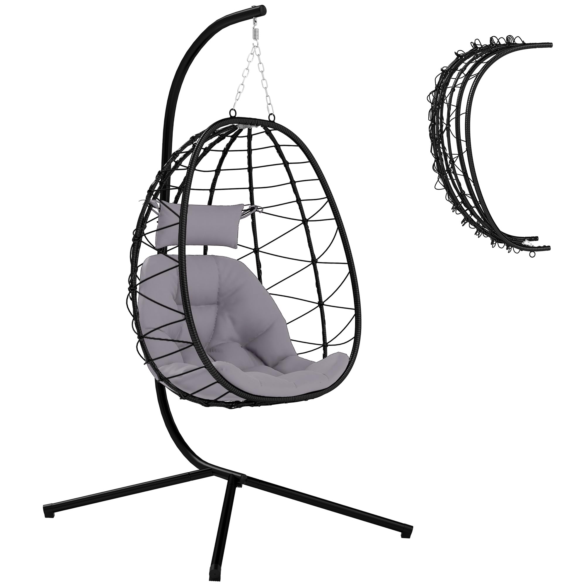Outsunny Grey Garden Egg Chair Outdoor Hanging Swing Chair, Folding Basket,