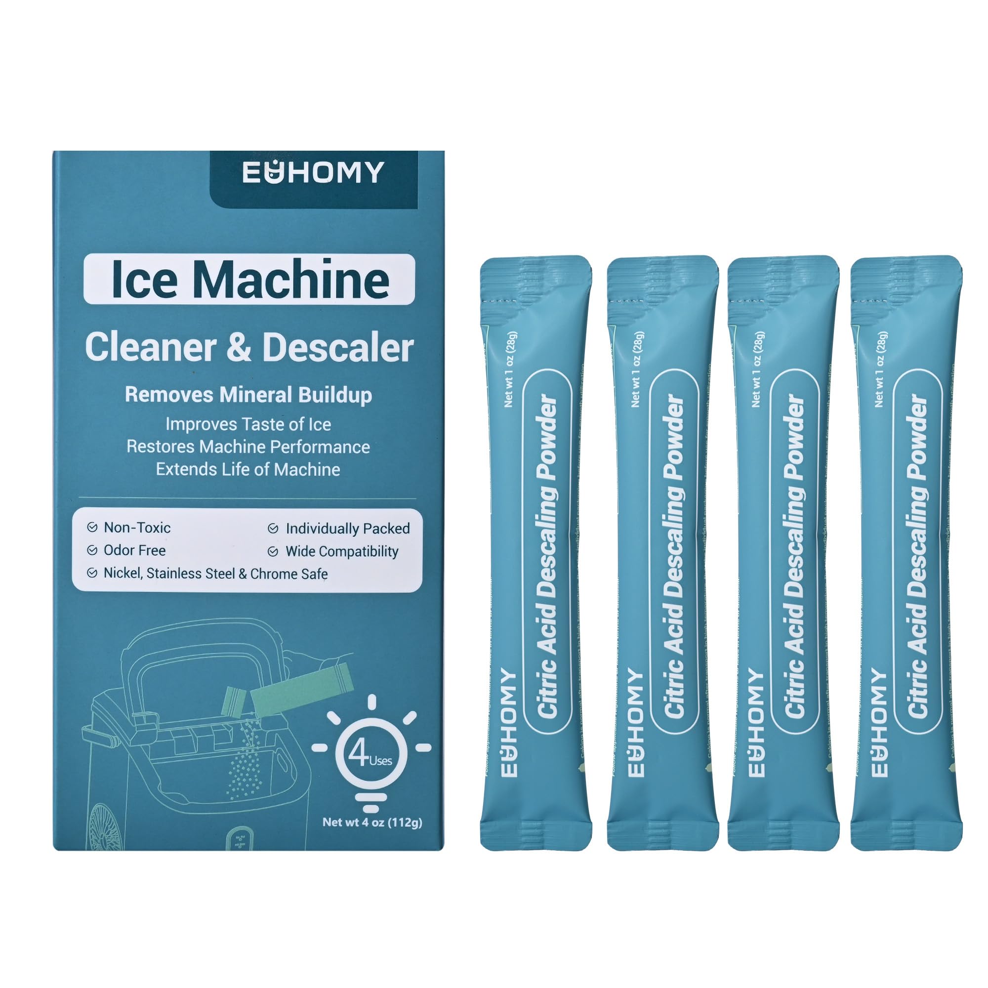 EUHOMY Ice Maker Cleaner & Descaler | 4 Use & Individually Packed | Ice Machine Cleaner with Organic Citric Acid Descaling Powder, Ideal for All Brands 4 Ounce(pack of 1)
