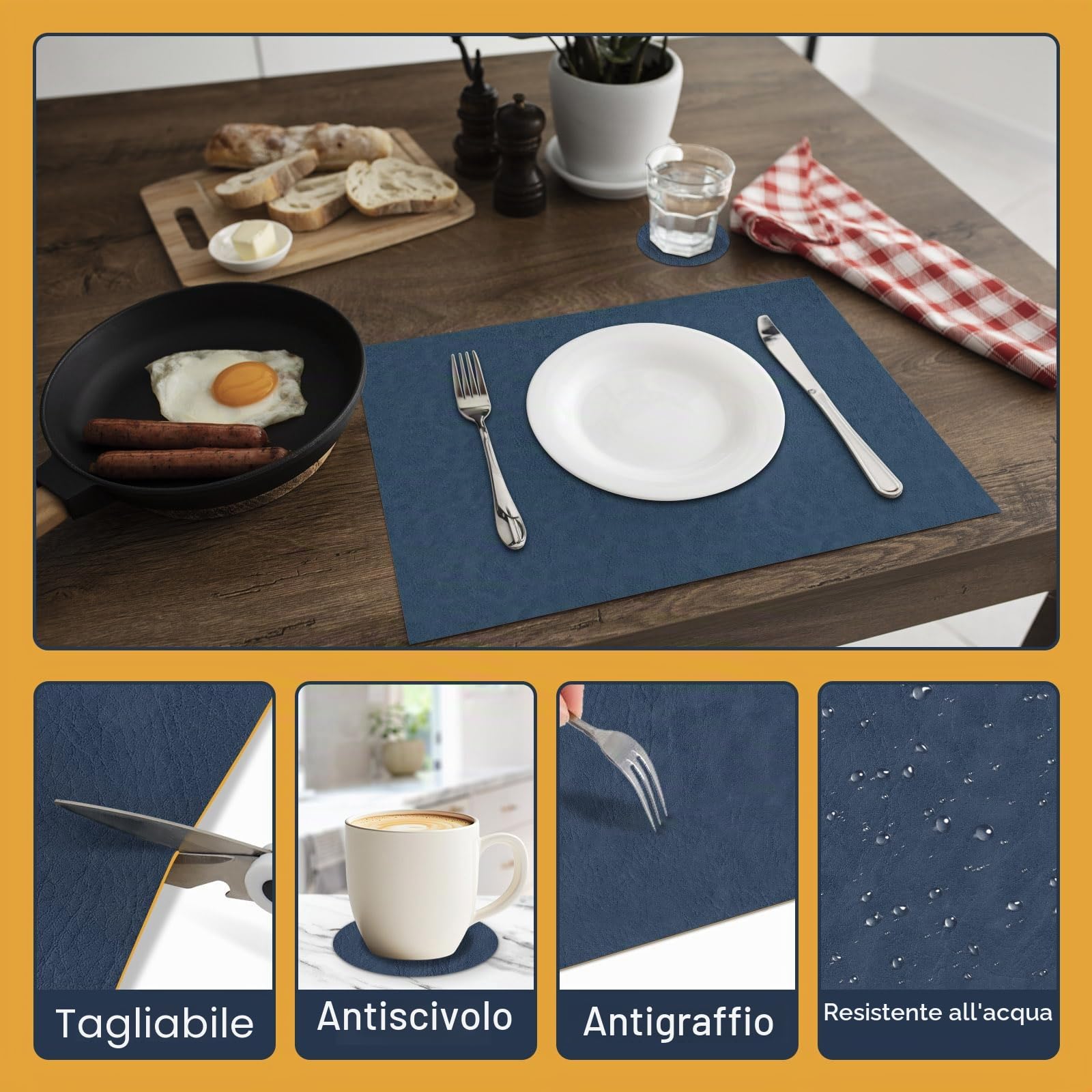 Set di 6 tovagliette e sottobicchieri-Tavagliette resistenti al calore lavabili, tovagliette in pelle a doppia faccia con design antiscivolo per cucina, casa, ristorante