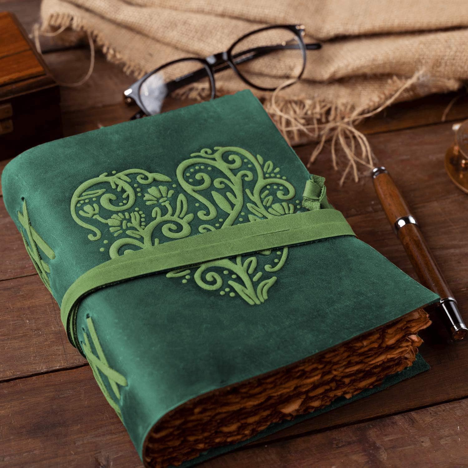 Leather Journal for Women - Vintage Leather Bound Journal - Antique Paper - Beautiful Embossed Heart Leather Sketchbook- For Drawing, Sketching and Writing 240 Pages (8" x 6", Green)
