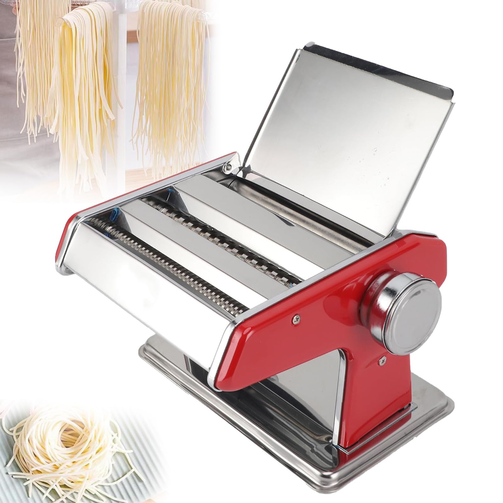 Machine de découpe de nouilles manuelle rouge 6 niveaux avec base fixe et triple largeur de coupe