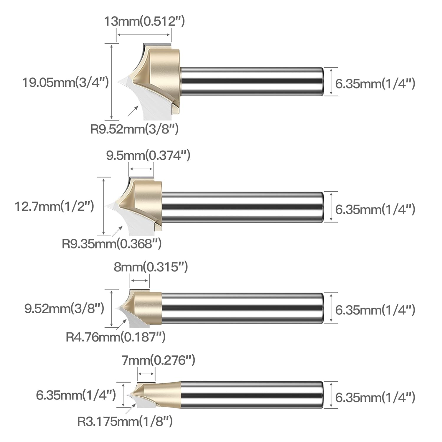 HUHAO 4pcs Point Cutting Roundover Router Bit Set,1/4" Shank,Cutting Dia. 3/4",3/8",1/2" and 1/4",Carbide 2 Flute Tipped Round Over Beading Bits for CNC Router Woodworking Carving Tool