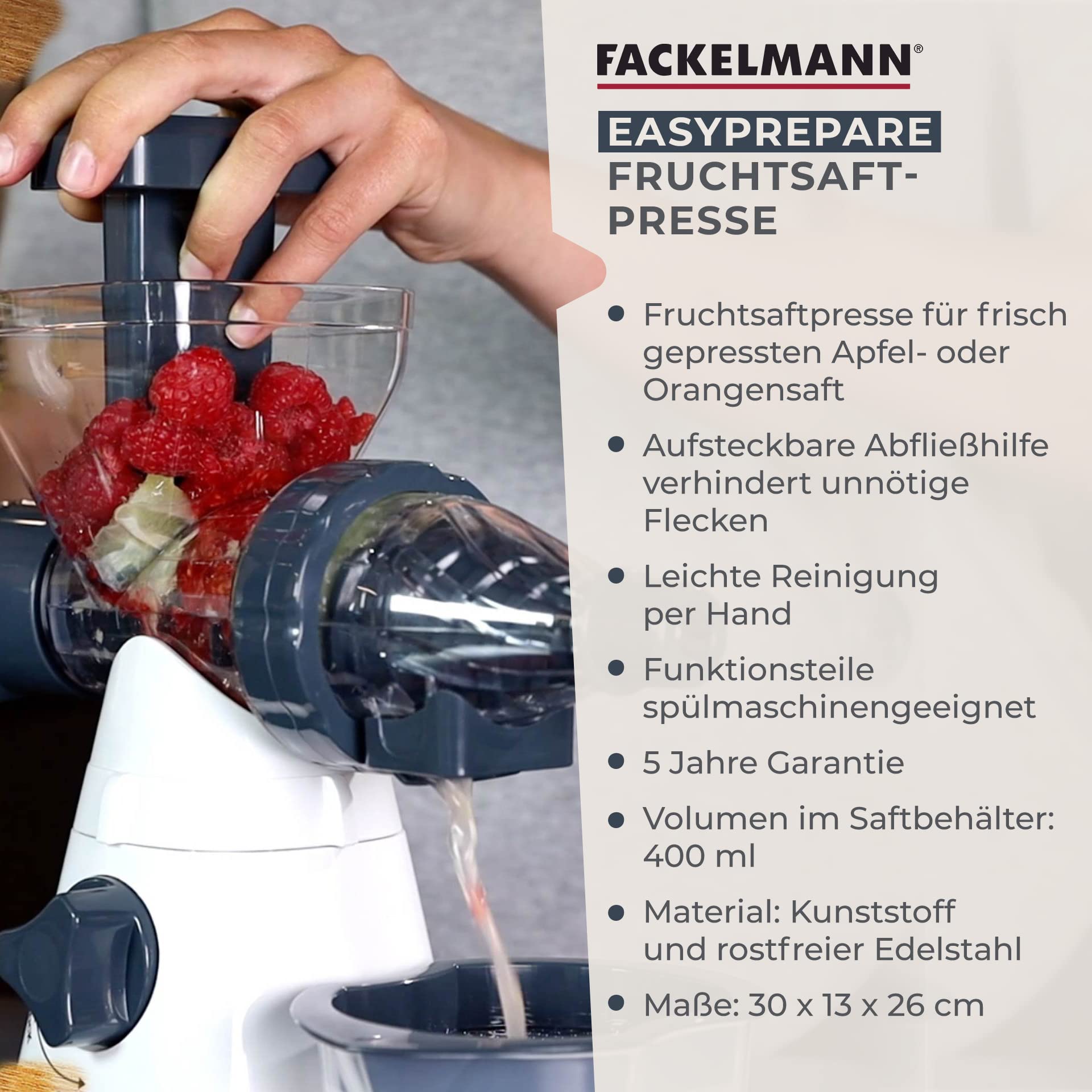 Fackelmann #easyprepare Saftpresse für Obst und Gemüse – Fruchtsaftpresse zum einfachen Entsaften – Manueller Entsafter inklusive Behälter mit Sieb (400 ml)