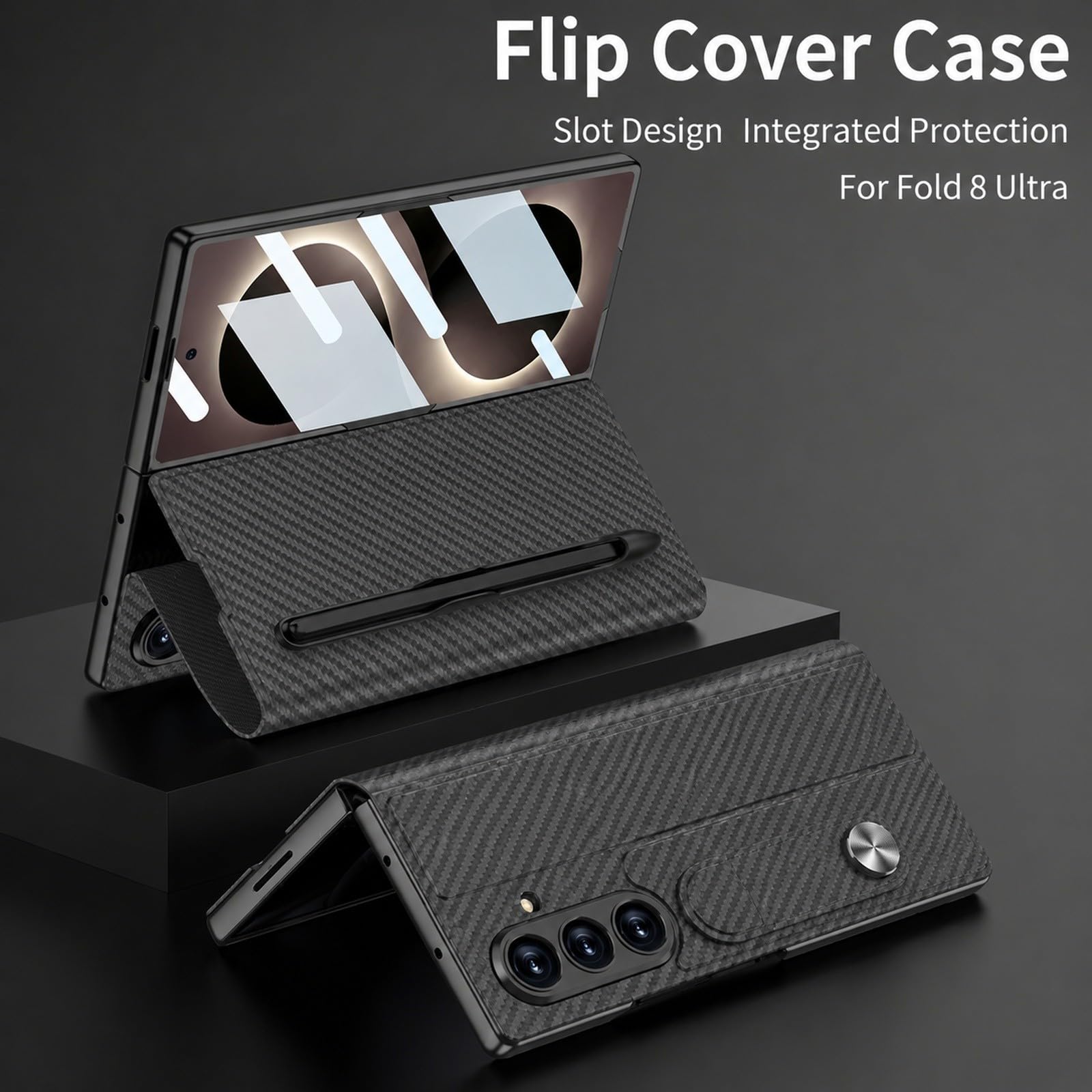 Generic etui kompatybilne z Samsung Galaxy Z Fold 7 (kolor: tekstura włókna węglowego czarny) skórzany uchwyt na długopis twarde etui z klapką z przednią folią szklaną