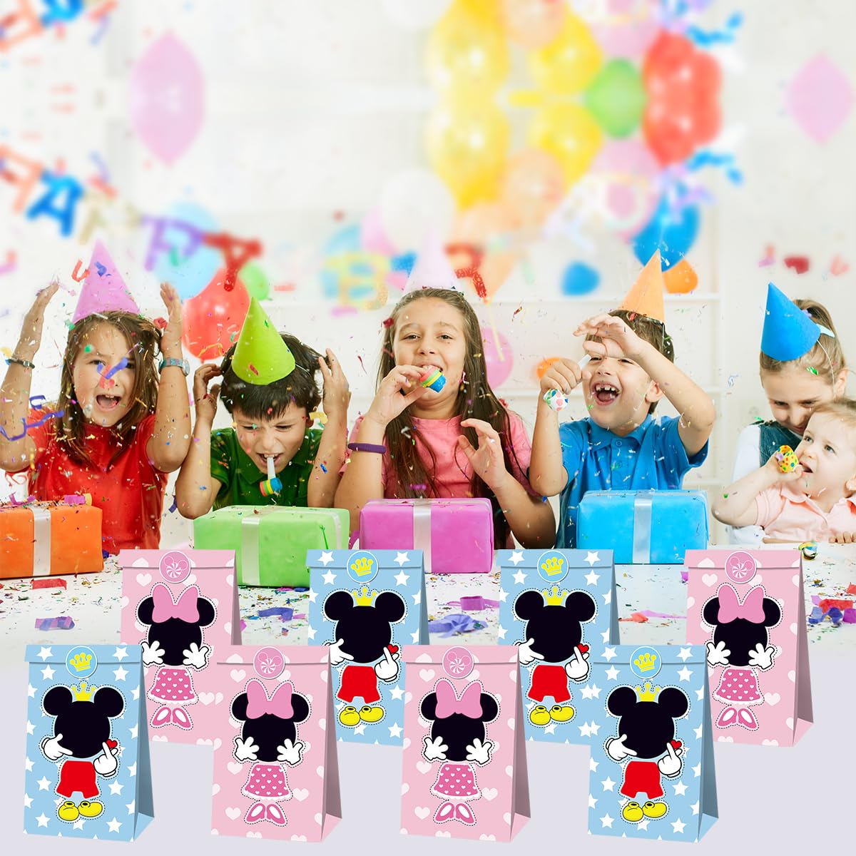 OU RUI 12Pcs Mouse Party Bags With Stickers Paper Supplies Favors Cookie Chocolate Candy Snack Bags Mouse Birthday Party Gift Bag