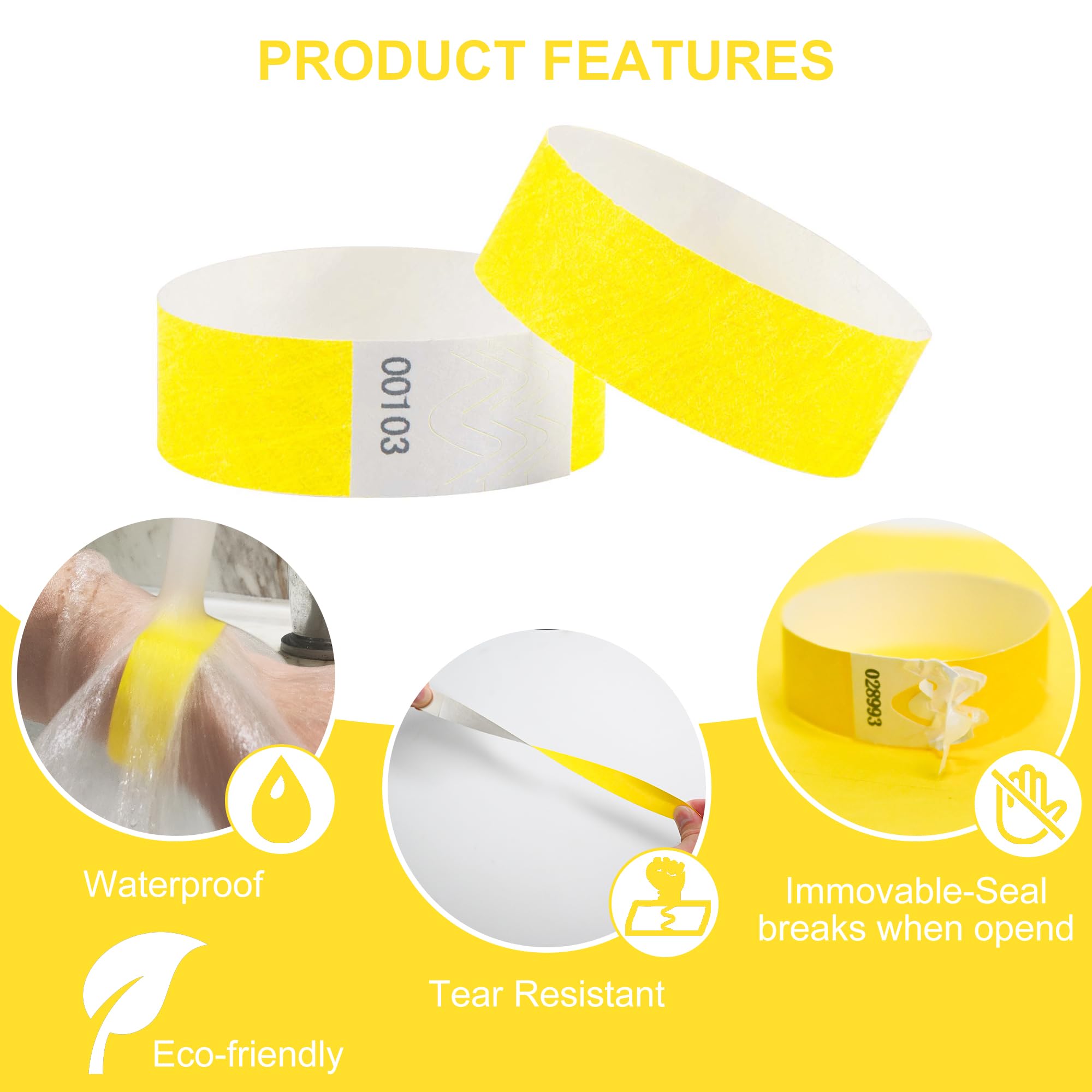 L LIKED 100 Pcs Numbered Wristbands for Events Waterproof Paper Neon Wristbands Party Bands Entrance Wrist Bands for Events Music Festival Concert Contest (Fluorescent Yellow) - Image 3