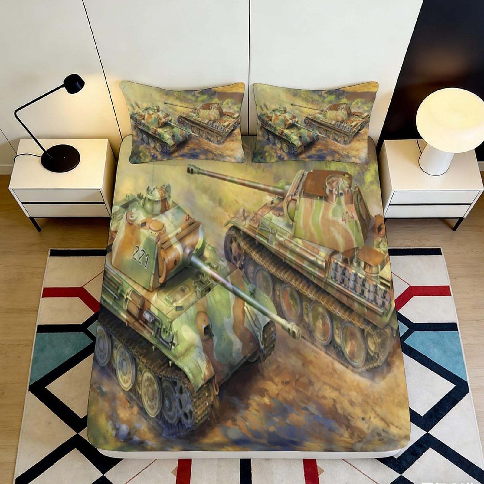 3D Printed Military Tank Fitted Sheet Microfiber Durable Camouflage Battle Scene Bed Cover for Bedroom Dorm Decor 90x200x25cm