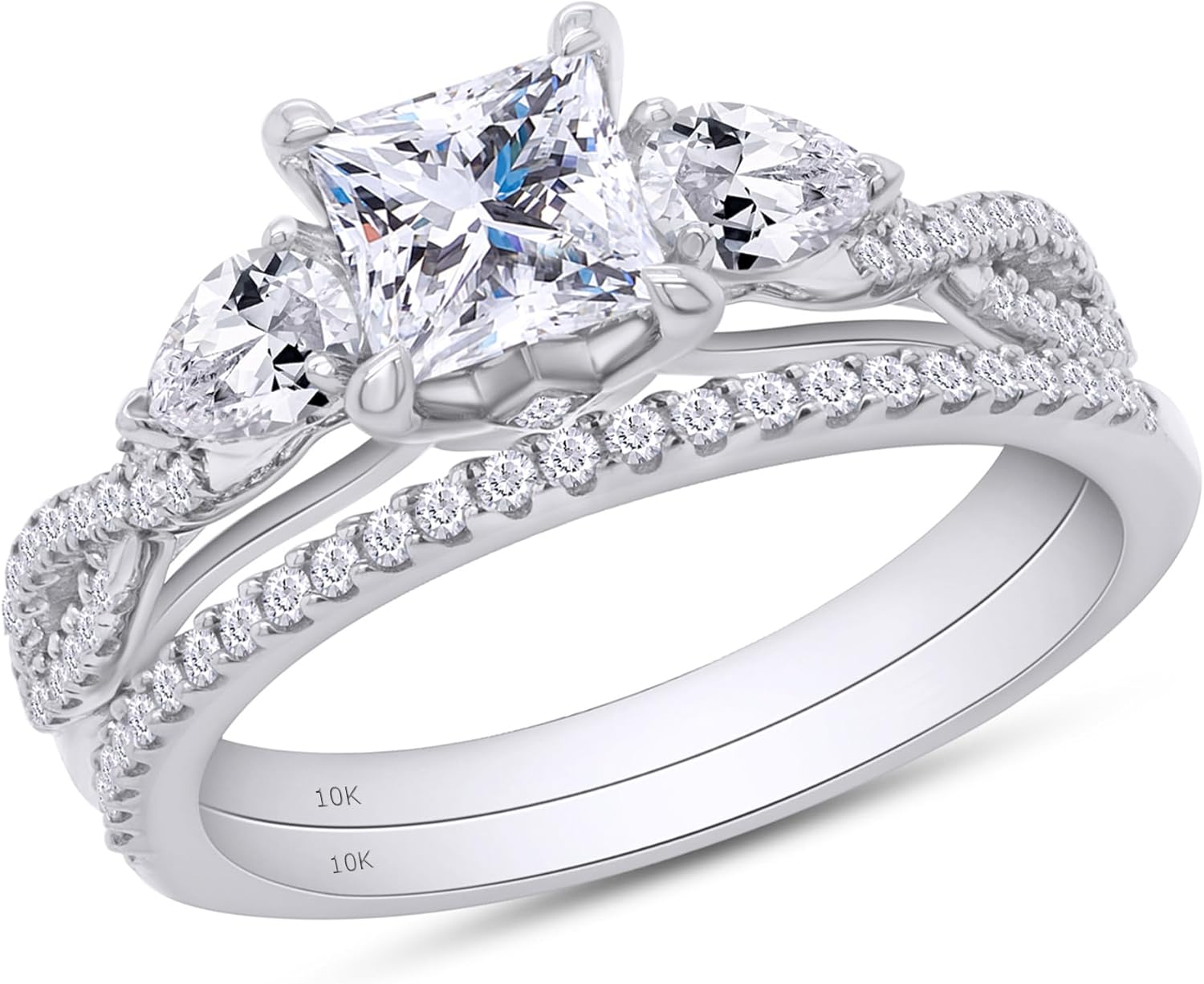 Infinity Shank 3-Stone Bridal Set Engagement Wedding Bands Ring 5MM Princess & Pear Cut Lab Created Moissanite In 925 Sterling Silver 10K & 14K Solid Gold Jewlery (1.40 Cttw,VVS1 Clarity)