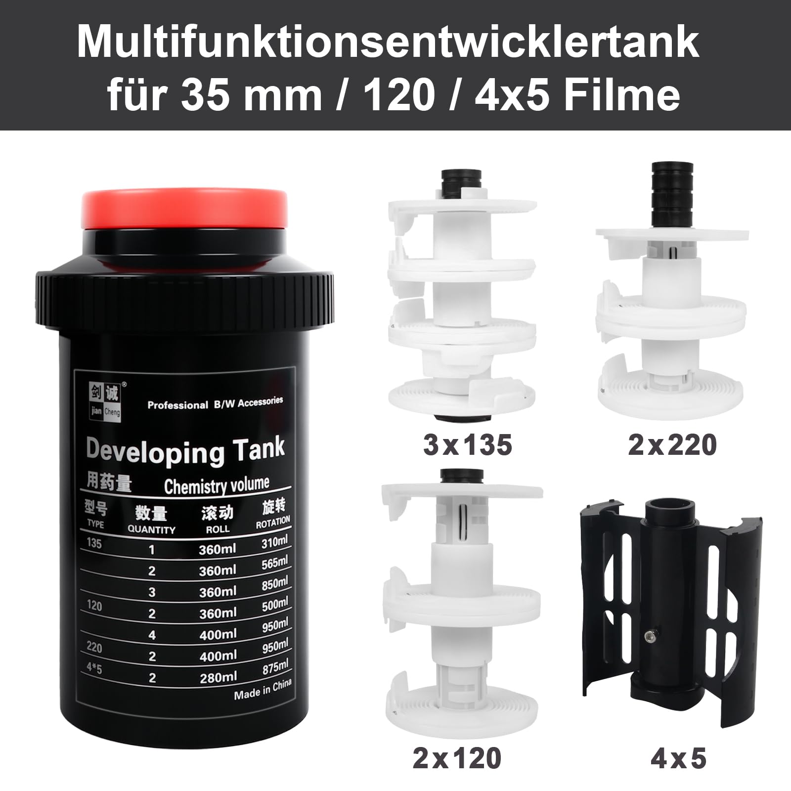 eTone Tanque de desarrollo de películas profesional, capacidad de 3 espirales para 120, 127, 135 y 4x5 negativo en blanco y negro, equipo de desarrollo de cuarto oscuro