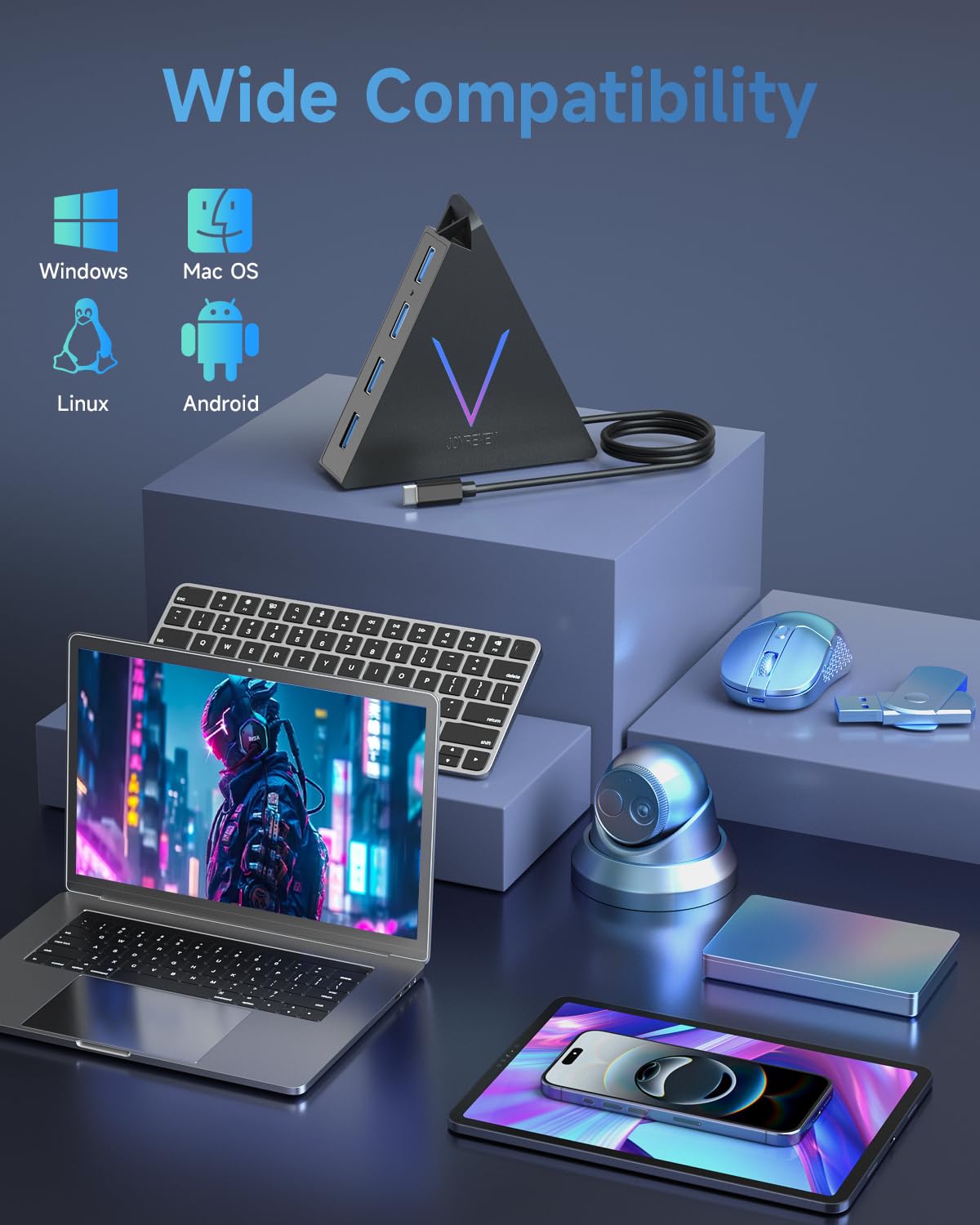 JoyReken USB 3.0 Hub,4 Port USB Hub Tower,2ft Cable USB Splitter for PC, Xbox One, PS4, PS5, iMac, Surface Pro, XPS, Laptop, Desktop, Flash Drive, Mobile HDD (Green)