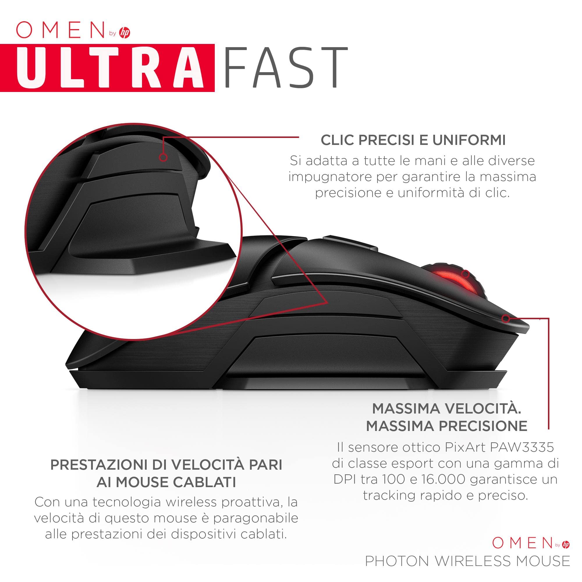HP OMEN Mouse Photon, Wireless, Ricarica Qi Wireless, 11 Tasti Programmabili, Tempo Risposta 0.2 ms, DPI da 100 e 16000, Sensore Ottico PixArt PAW3335, LED RGB Personalizzabili, Nero