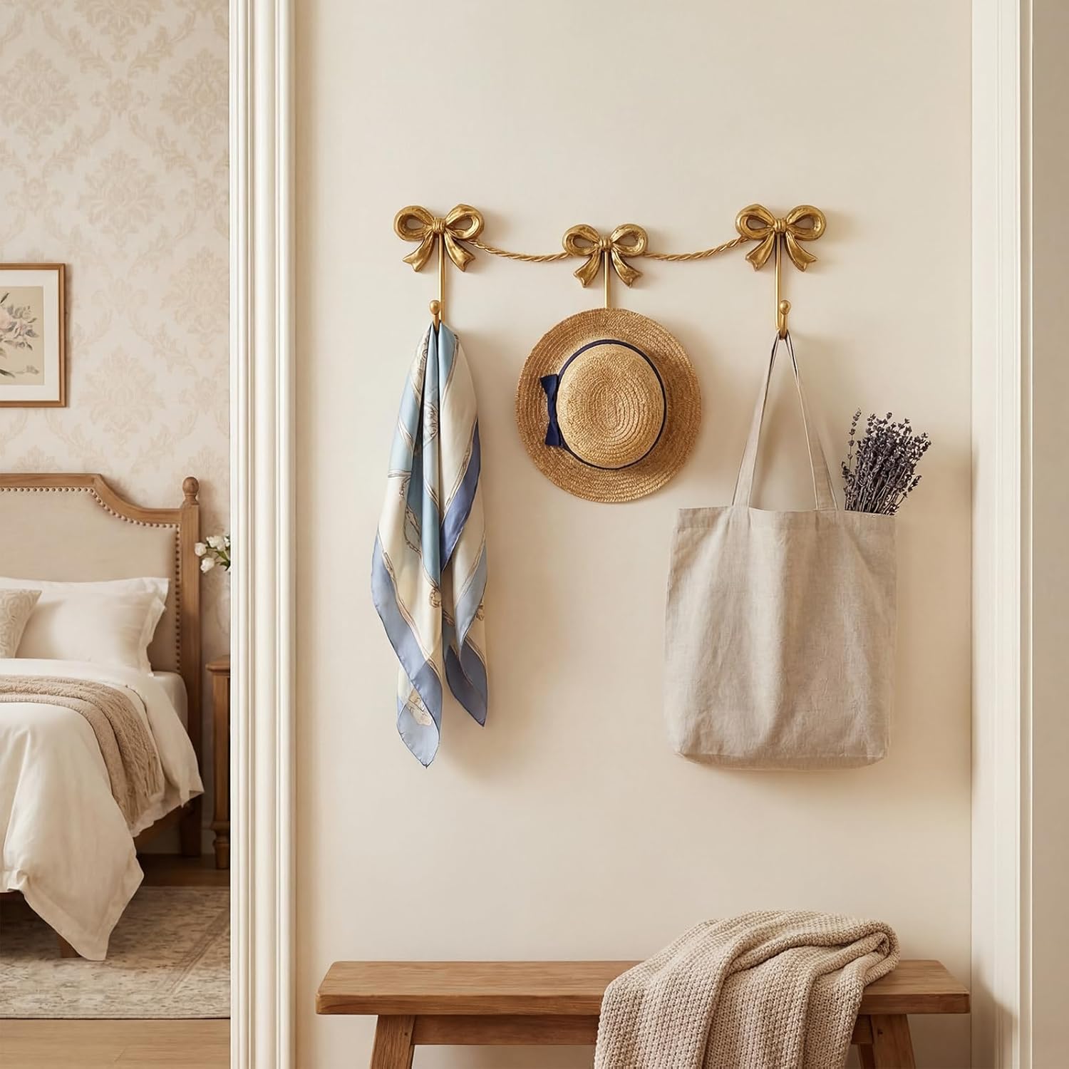 2 Pcs Triple Bows Hooks Metal Gold Bow Hooks Wall Mount Hanging Towel Bag Robe for Bathroom Bedroom Coquette Room Decor for Girly