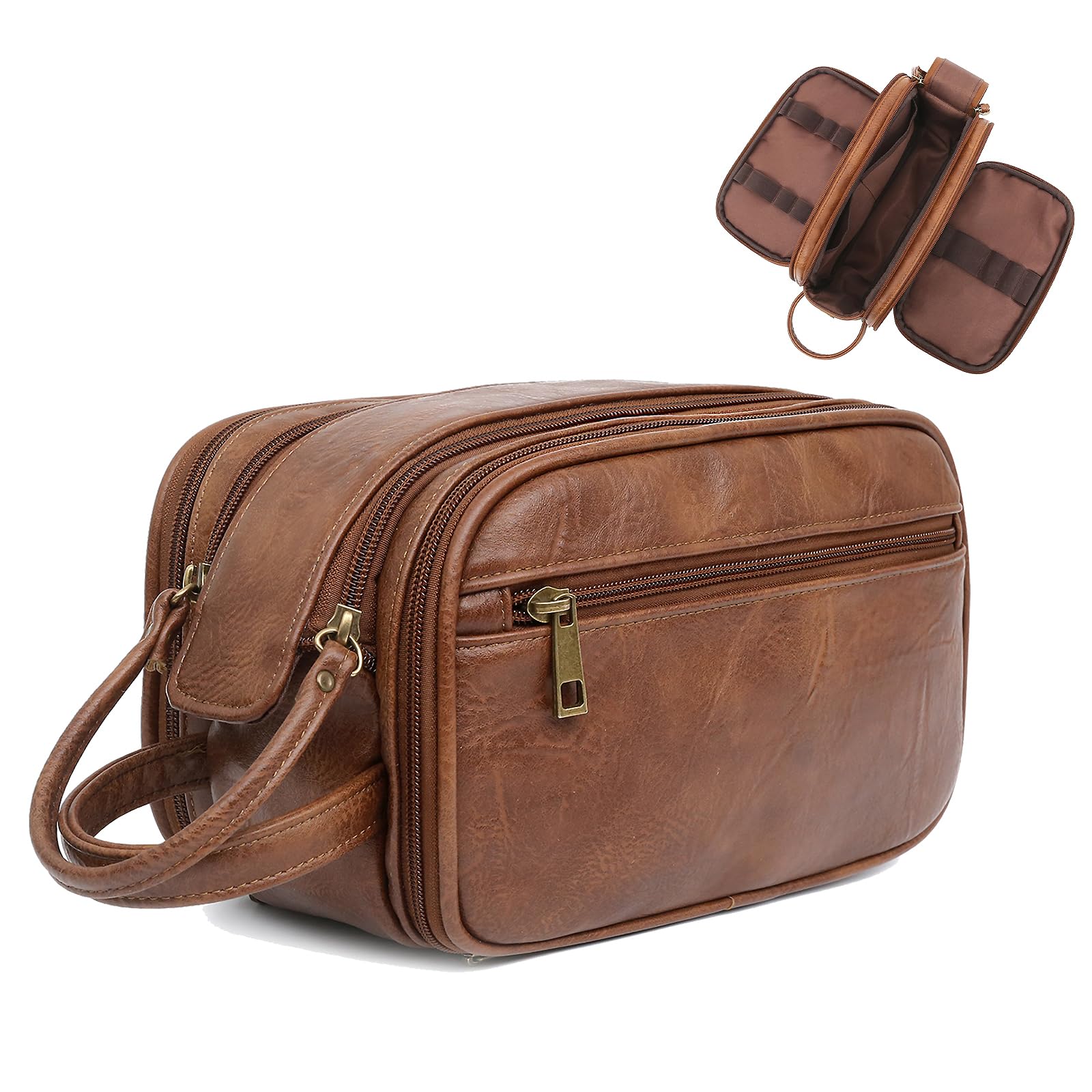 CALACH Travel Toiletry Bag for Men Hanging Dopp Kit Waterproof Shaving Bag Portable Toiletry Organizer Separate Dry and Wet Cosmetic Bag, Brown, 10.5x5.9x6.3 in, Vintage/Stylish Men's Hanging Dopp Kit