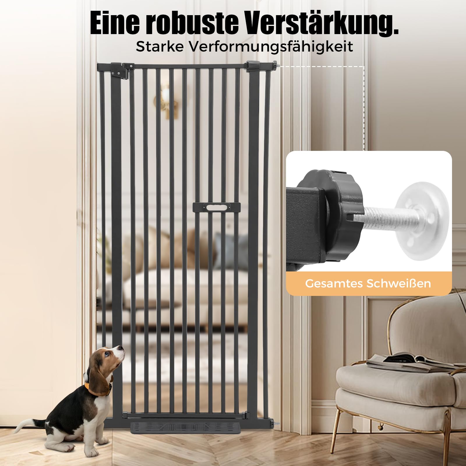 Treppengitter Schutzgitter für Haustiere Extra Hoch 150cm, Treppengitter Ohne Bohren Hundezaun Versenkbare Tür Sicherheitstor mit 2 rutschfeste Fußpedale, für Kinder und Haustiere