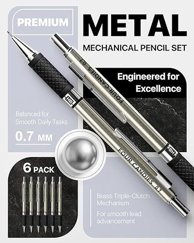Miniatura 2 de Four Candies Juego de lápices mecánicos de metal, 6 lápices mecánicos artísticos de 0.028 in, 360 repuestos de plomo HB, 3 borradores y 9 repuestos