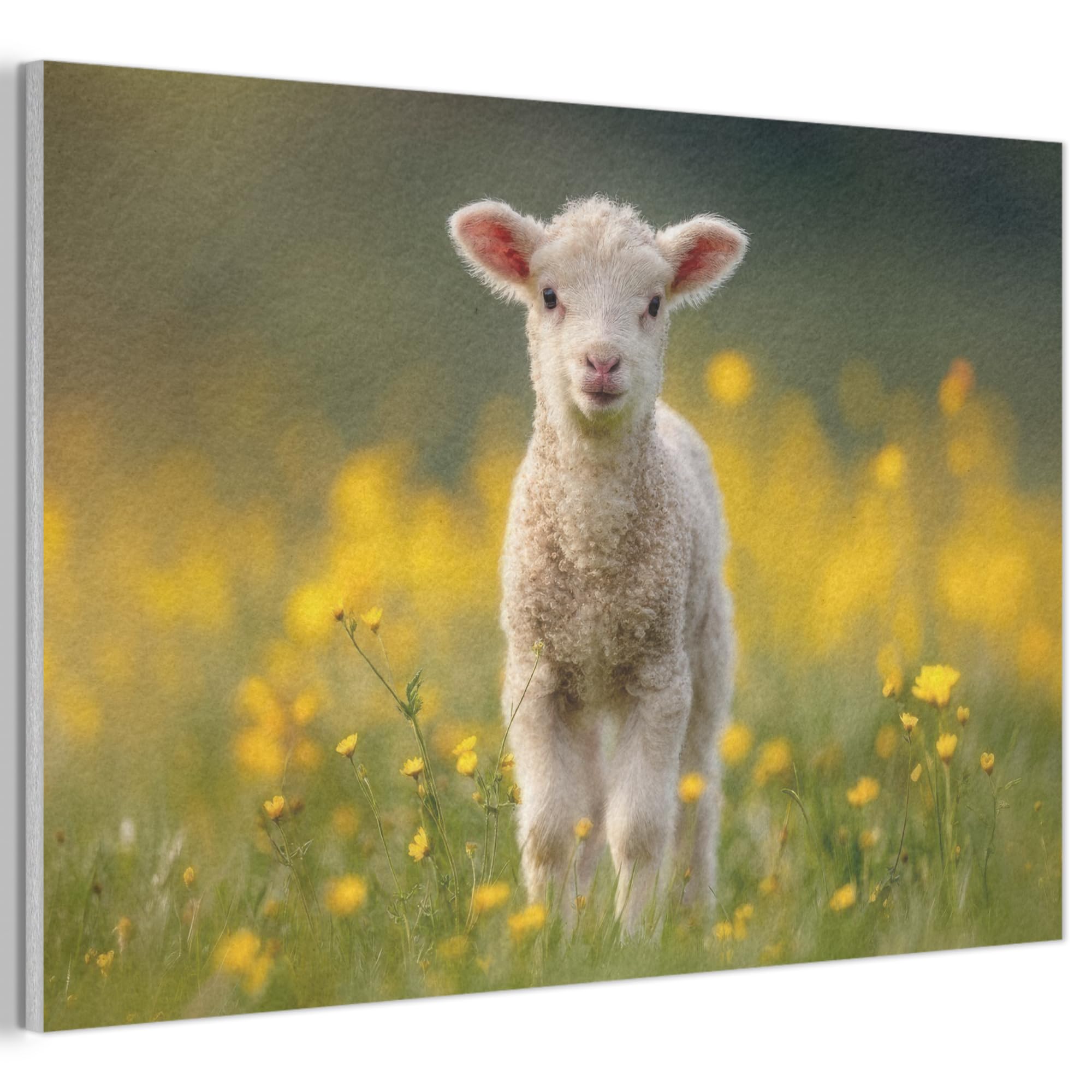 MuchoWow© Felt Panel 90x60 cm Framed Design Print Accent Interior Wallart Decoration Wall Art Lamb - Grass - Flowers - Yellow